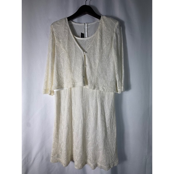 Shari Aide Petites Dresses & Skirts - Shari Aide Petites Vintage Cream Metallic Knit Dress & Cardigan Set 14P USA Made